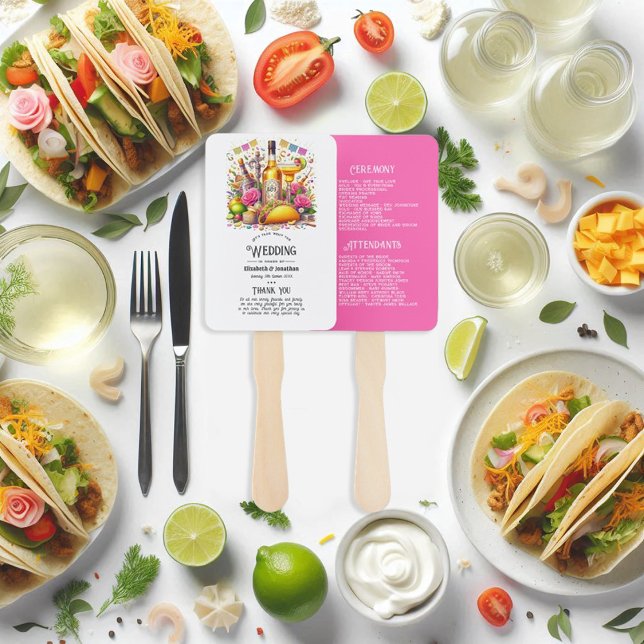 Abanico Programa de Boda de Tequila Fiesta Mexicana Rosa C (Hot-Pink Mexican Fiesta Tequila Wedding Program Hand Fan)