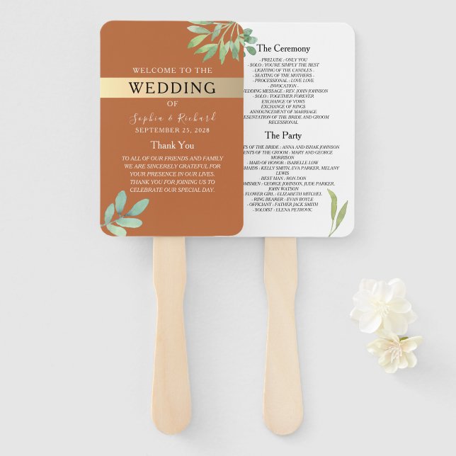 Abanico Programa de Boda de Terracota (Anverso y reverso)