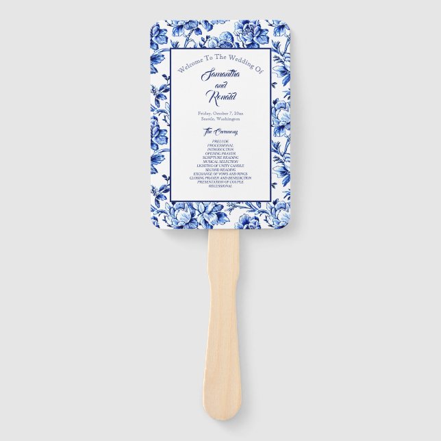 Abanico Programa de Boda de Toile Floral Azul y Blanco (Anverso)