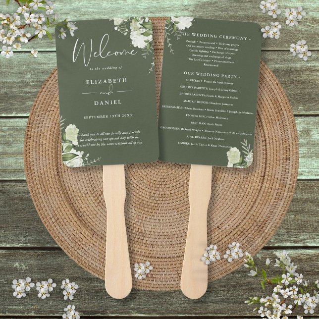 Abanico Programa de Boda de Vegetación Verde de Oliva (Olive Green Floral Greenery Wedding Program Hand Fan)