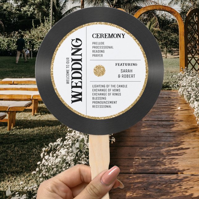 Abanico Programa de Boda de Vinyl Purpurina de Oro Retro (Retro Gold Glitter Vinyl Record Wedding Program Hand Fan
)