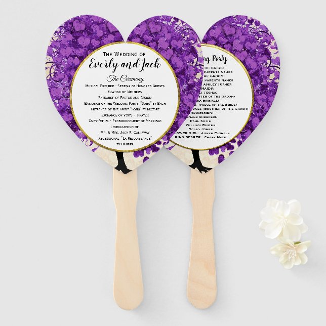Abanico Programa de Boda del Árbol de Hoja de Corazón Viol (Anverso y reverso)