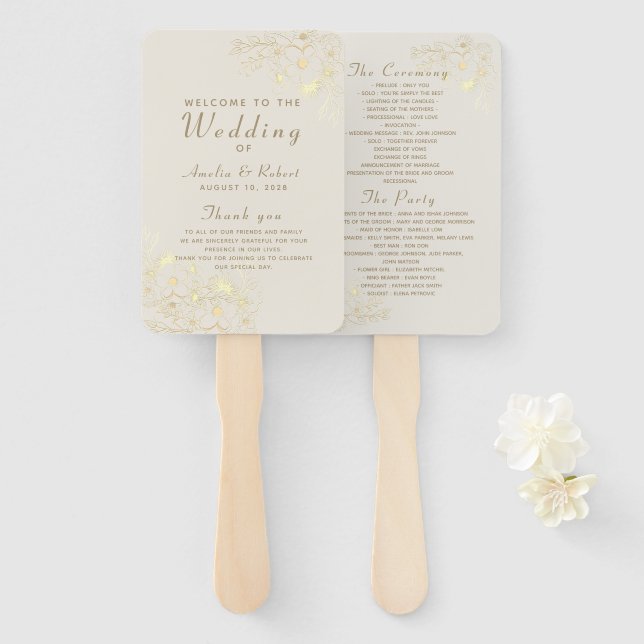 Abanico Programa de Boda Dorado Floral Elegante (Anverso y reverso)