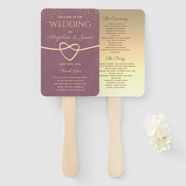 Abanico Programa de Boda Dorado y Púrpura (Anverso y reverso)