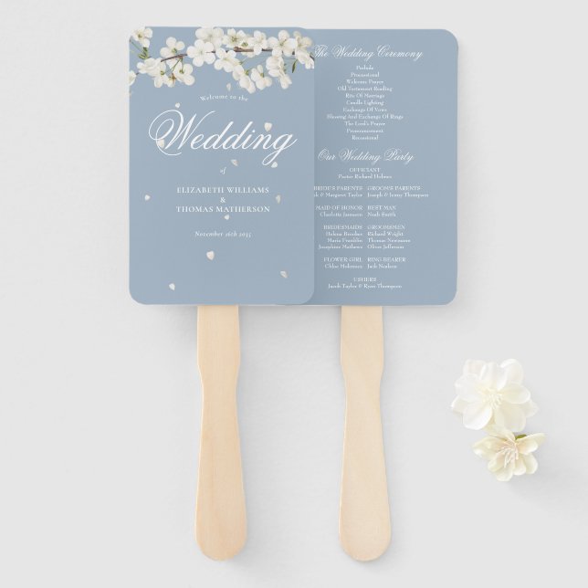Abanico Programa de Boda Dusty Blue Floral White Blossom (Anverso y reverso)