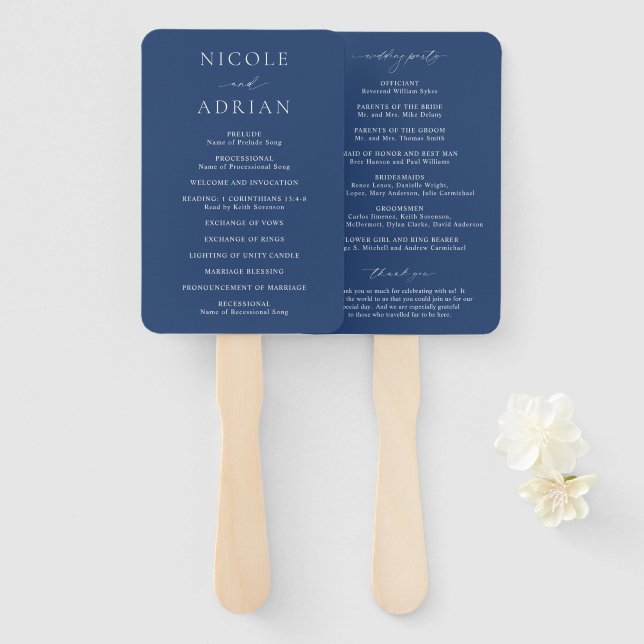 Abanico Programa de Boda Elegante Azul Marino Clásico (Anverso y reverso)