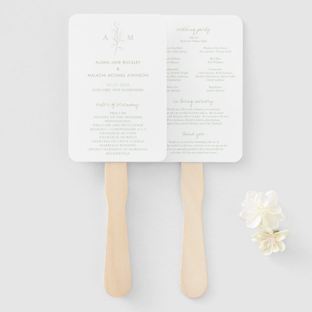 Abanico Programa de boda elegante botánico verde salvia li (Anverso y reverso)