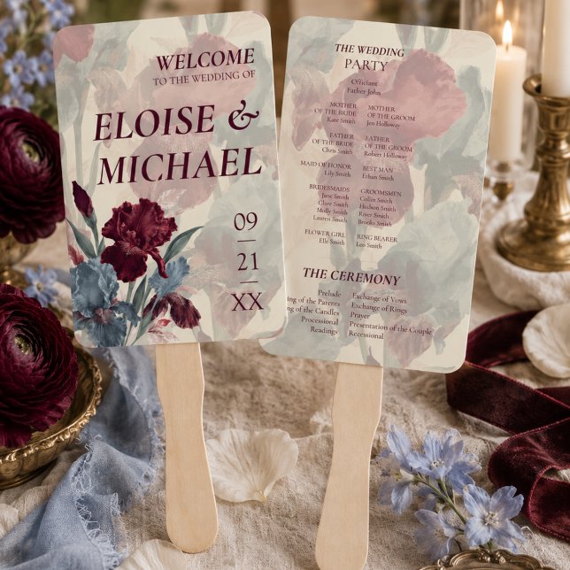 Abanico Programa de Boda Elegante Burgundy y Azul Polvorie (Elegant Burgundy and Dusty Blue Wedding Program Hand Fan)