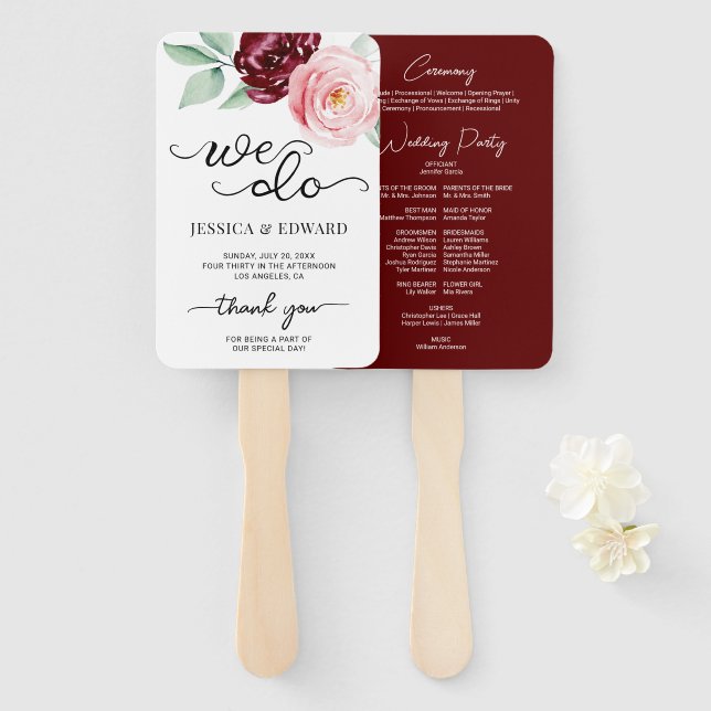Abanico Programa de Boda Elegante con Flores Rojo Oscuro d (Anverso y reverso)