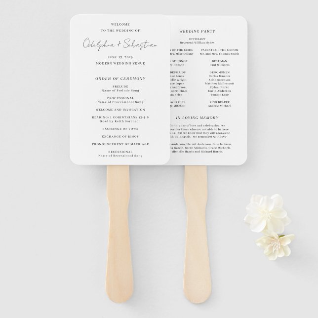 Abanico Programa de Boda Elegante con Guión Moderno de Ode (Anverso y reverso)