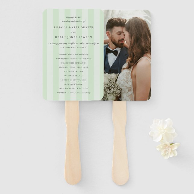 Abanico Programa de boda elegante con rayas verdes moderna (Anverso y reverso)