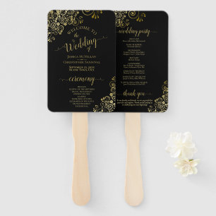 Abanico Programa de Boda Elegante de encaje negro y dorado
