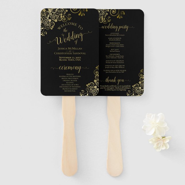 Abanico Programa de Boda Elegante de encaje negro y dorado (Anverso y reverso)