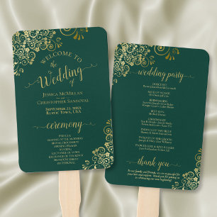 Abanico Programa de Boda Elegante de Encaje Verde y Oro Es