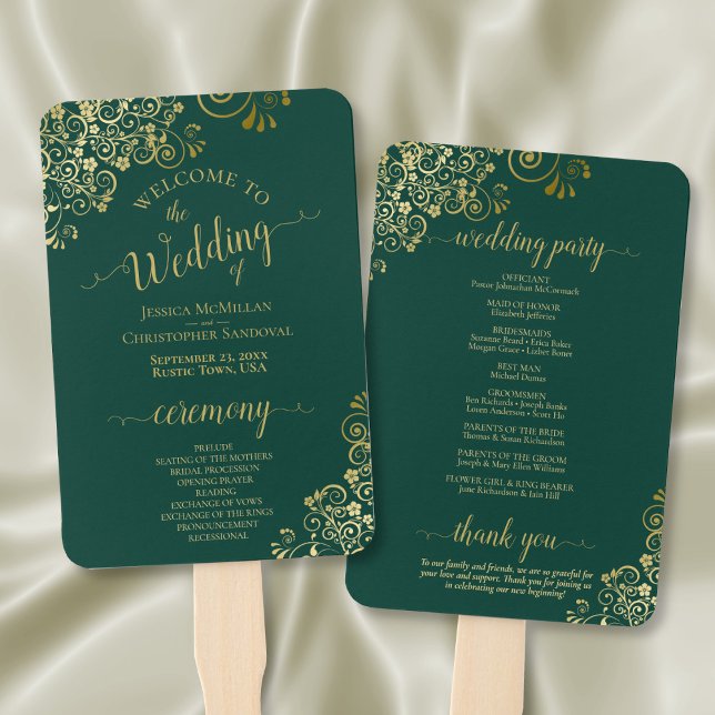 Abanico Programa de Boda Elegante de Encaje Verde y Oro Es (Front/Back)
