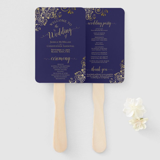 Abanico Programa de Boda Elegante de Marea Azul y Oro de M (Anverso y reverso)