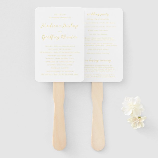 Abanico Programa de boda elegante en amarillo mantequilla  (Anverso y reverso)