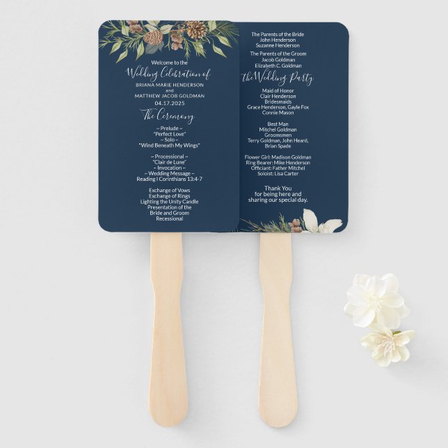 Abanico Programa de boda elegante en azul marino de invier (Anverso y reverso)
