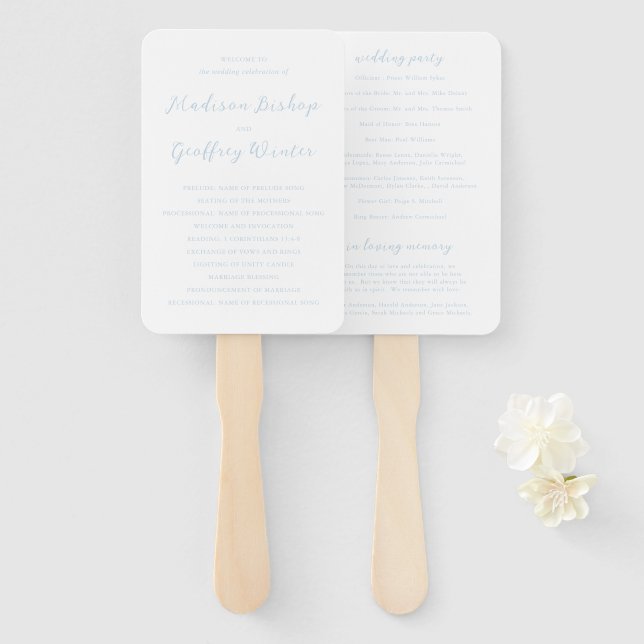 Abanico Programa de Boda Elegante en Azul Polvo con Letra  (Anverso y reverso)