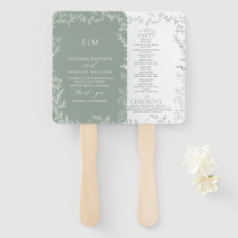 Abanico Programa de Boda Elegante en Monograma Verde de Le