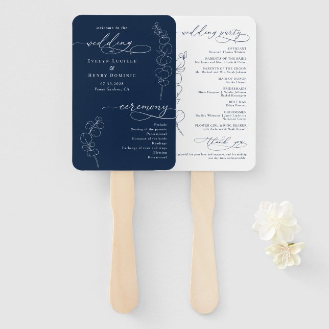 Abanico Programa de Boda Elegante Eucalipto Azul Marino (Anverso y reverso)