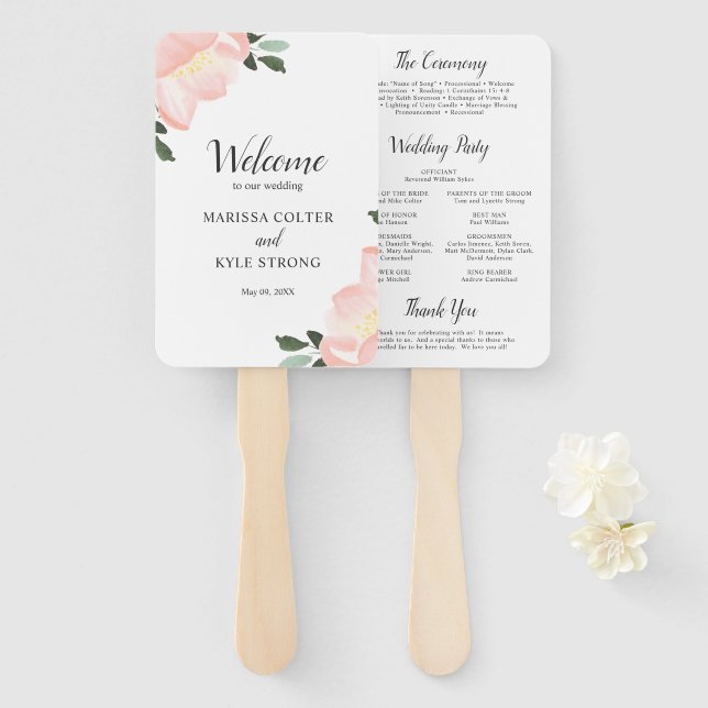 Abanico Programa de boda elegante floral acuarela rosa (Anverso y reverso)