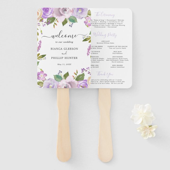 Abanico Programa de Boda Elegante Floral de Acuarela Lilac (Anverso y reverso)