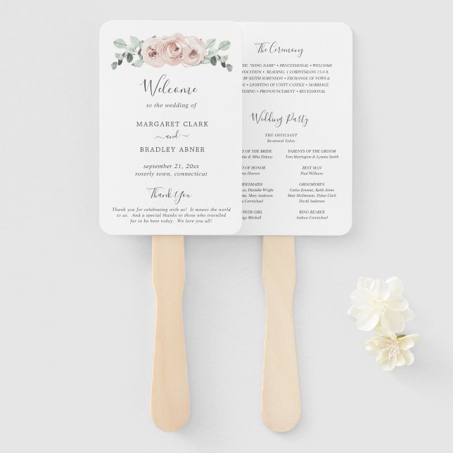 Abanico Programa de Boda Elegante Floral Rosa Polvoriento (Anverso y reverso)