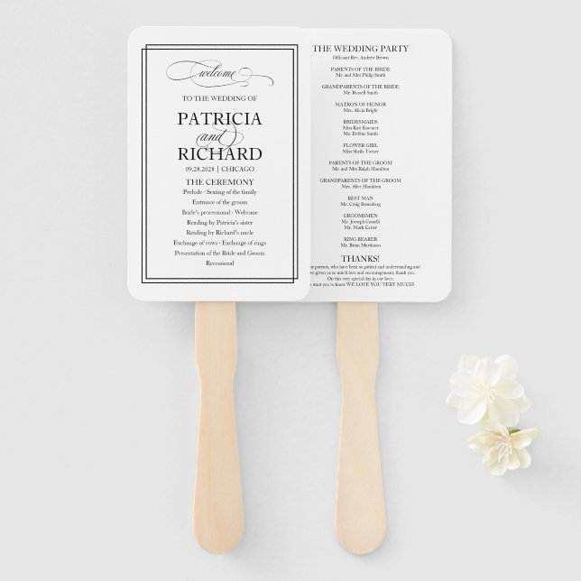 Abanico Programa de Boda Elegante Letra Negra (Anverso y reverso)