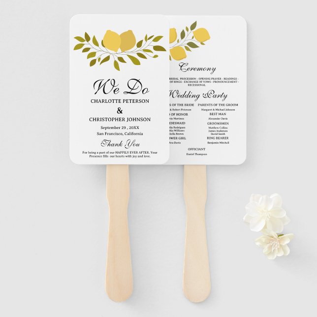 Abanico Programa de Boda Elegante Limón Amarillo (Anverso y reverso)