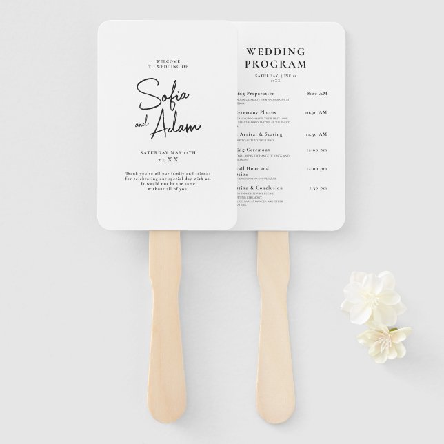 Abanico Programa de Boda Elegante Minimalista Blanco (Anverso y reverso)
