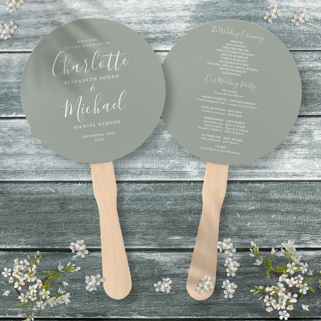 Abanico Programa de Boda Elegante Moderno en Verde Sage (Elegant Modern Script Sage Green Wedding Program Hand Fan)