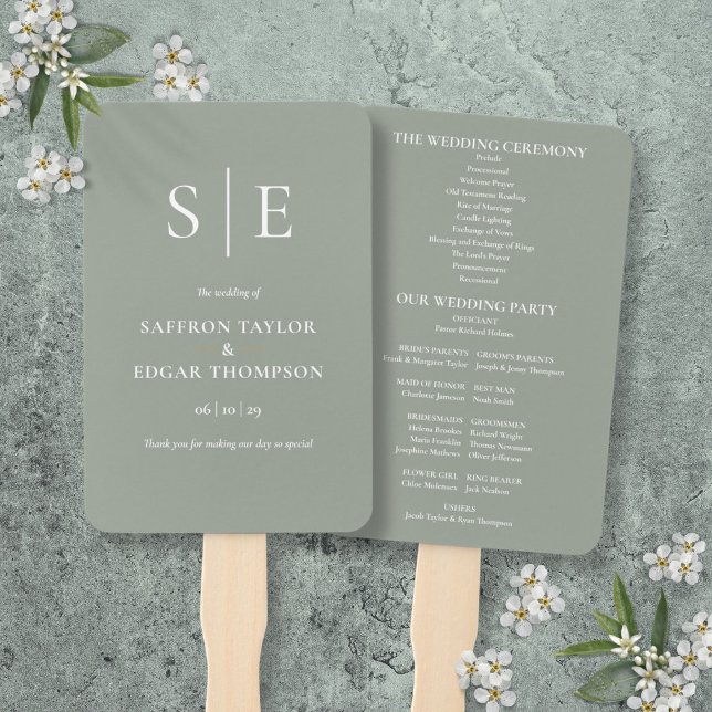 Abanico Programa de Boda Elegante Monograma Verde Salvia (Sage Green Elegant Monogram Wedding Program Hand Fan)
