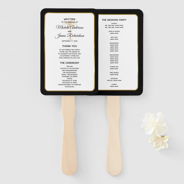 Abanico Programa de Boda Elegante Palma Dorada Blanco Negr (Anverso y reverso)