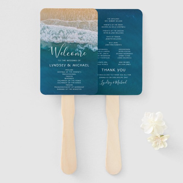 Abanico Programa de Boda Elegante Playa Océano Azul (Anverso y reverso)