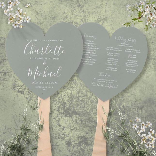 Abanico Programa de Boda Elegante Script Verde Sage Corazó (Elegant Script Sage Green Wedding Program Heart Hand Fan)