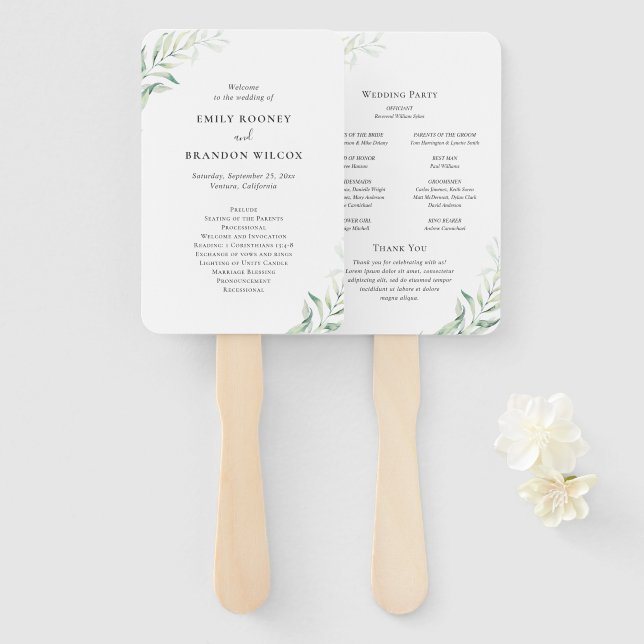Abanico Programa de Boda Elegante Verde Salvia Eucalipto (Anverso y reverso)