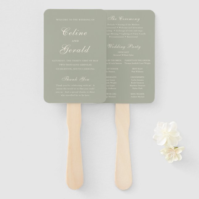 Abanico Programa de Boda Elegante Verde Silenciado Clásico (Anverso y reverso)