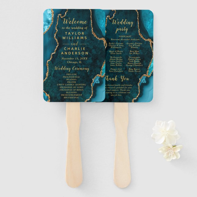 Abanico Programa de Boda en Ágata Azul Turquesa y Dorado (Anverso y reverso)