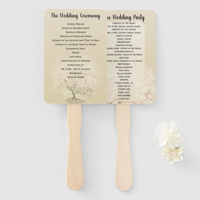 Abanico Programa de Boda en Árbol de Hojas de Corazón Rosa (Anverso y reverso)