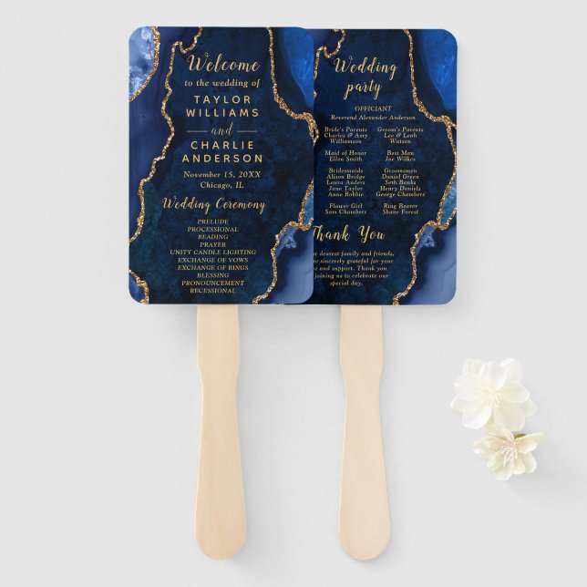 Abanico Programa de Boda en Azul Marino y Ágata Dorada (Anverso y reverso)
