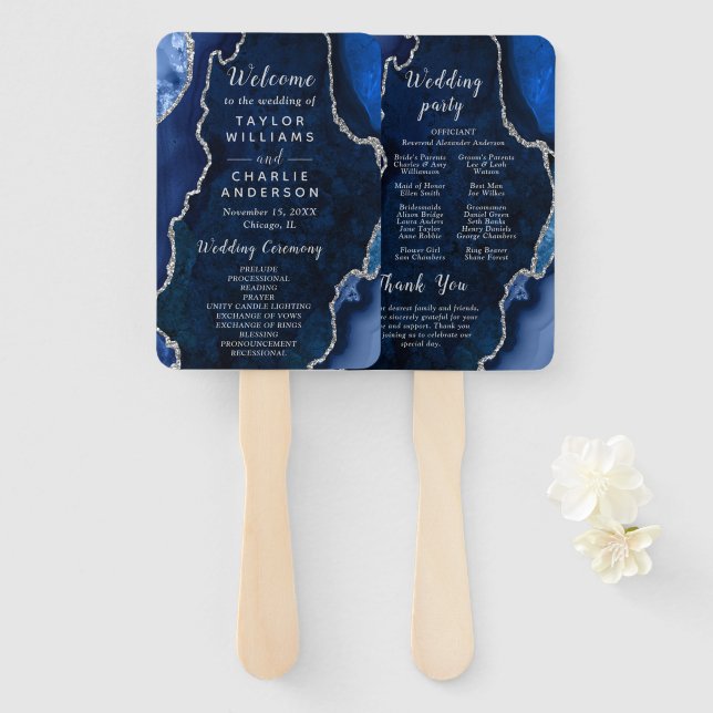 Abanico Programa de Boda en Azul Marino y Ágata Plateada (Anverso y reverso)