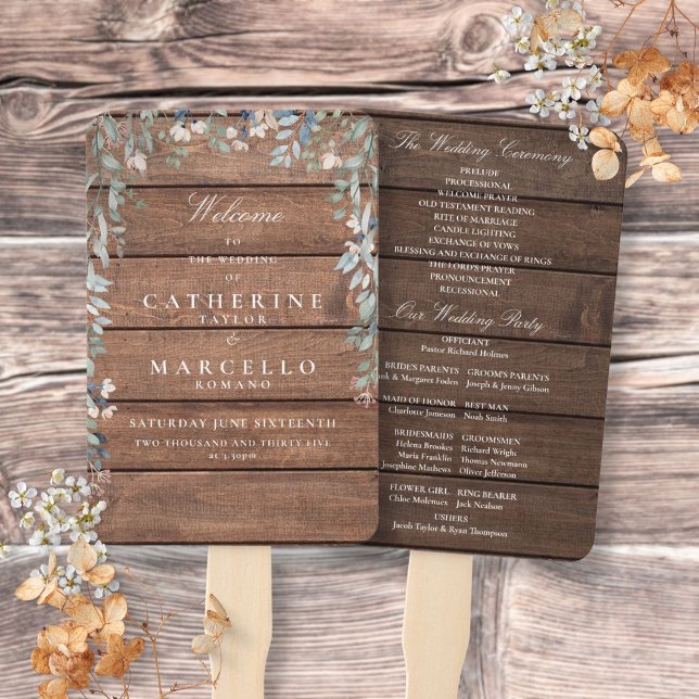 Abanico Programa de Boda en Cascada con Floral de Madera R (Rustic Wood Floral Cascade Wedding Program Hand Fan)