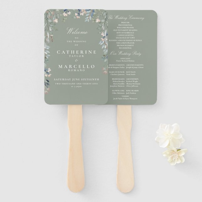 Abanico Programa de Boda en Cascada con Floral Verde Sage (Anverso y reverso)