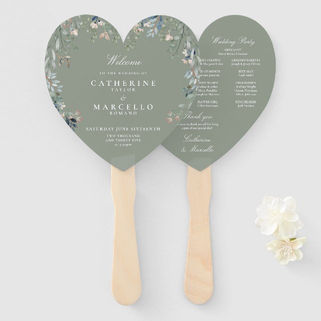 Abanico Programa de Boda en Cascada con Floral Verde Sage (Anverso y reverso)