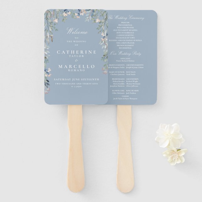 Abanico Programa de Boda en Cascada Floral Azul Polvorient (Anverso y reverso)