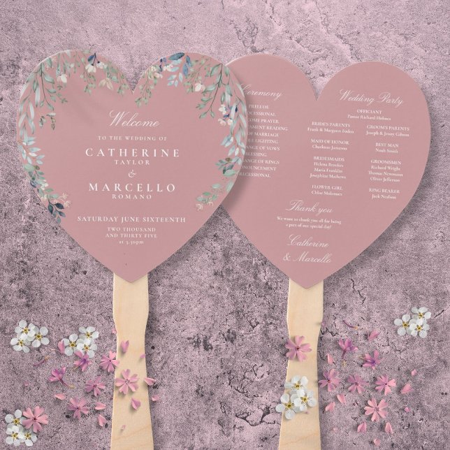 Abanico Programa de Boda en Cascada Floral Rosa Polvorient (Dusty Rose Pink Floral Cascade Wedding Program Hand Fan)