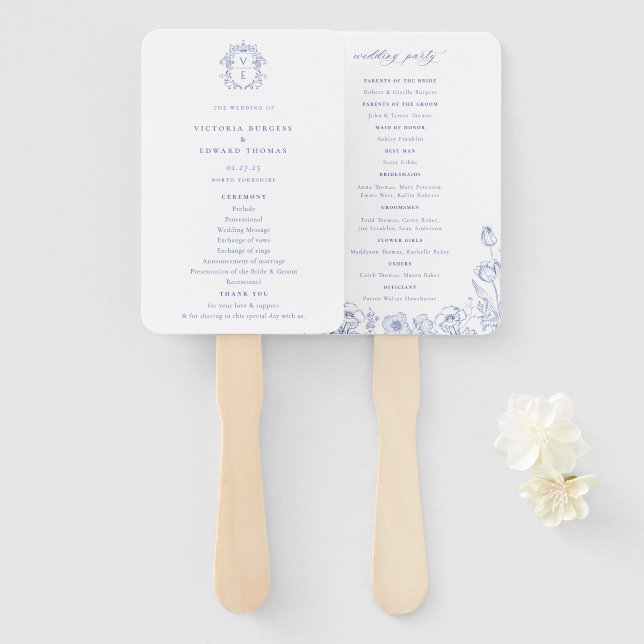 Abanico Programa de Boda en Monograma de Regency Era Escud (Anverso y reverso)