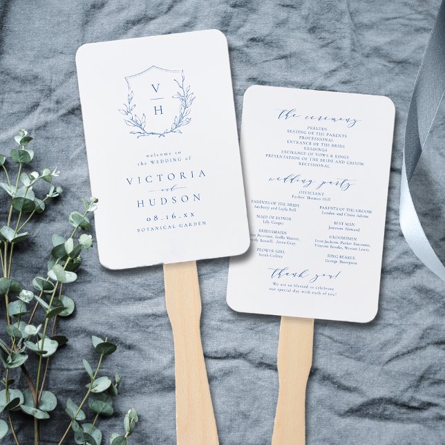 Abanico Programa de boda en monograma del escudo botánico  (Blue botanical crest monogram wedding program hand fan)