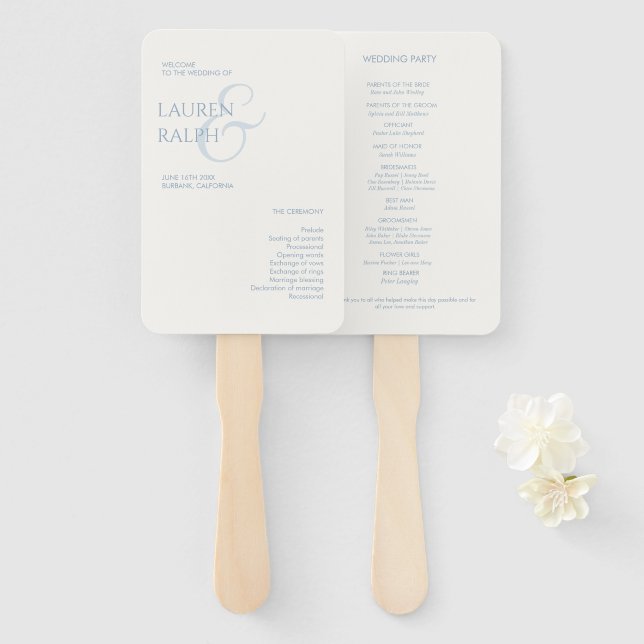 Abanico Programa de Boda en Monograma Dusty Blue & Ivory (Anverso y reverso)